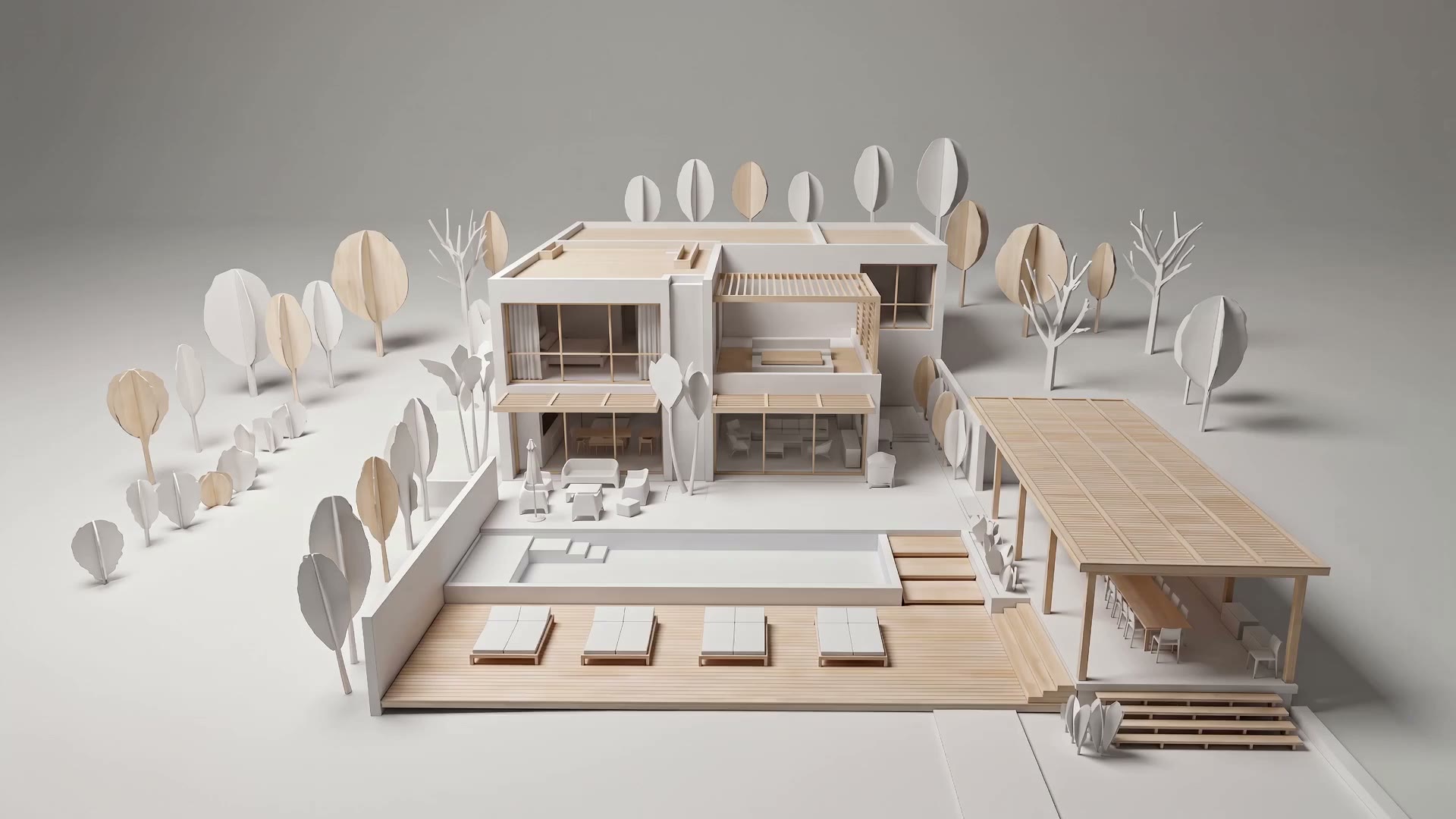 La maquette blanche du domaine : la villa, la piscine et le carbet